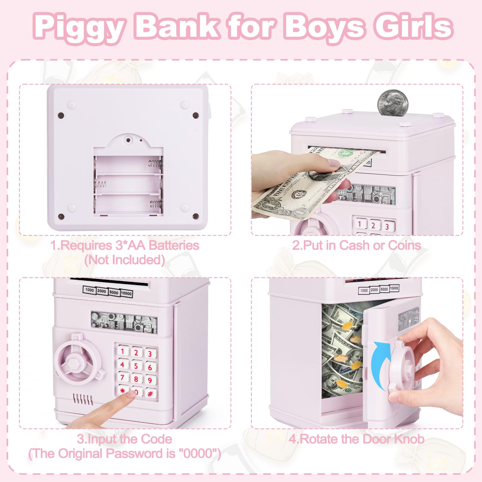 Refasy electronic piggy bank paper money scroll illustrating automatic bill roll.