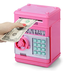Refasy pink electronic piggy bank front view with secure password door for kids.