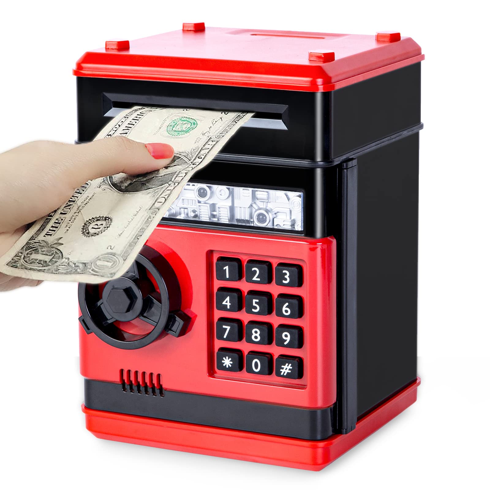 Refasy piggy bank ATM front view with secure access for kids' saving practice.