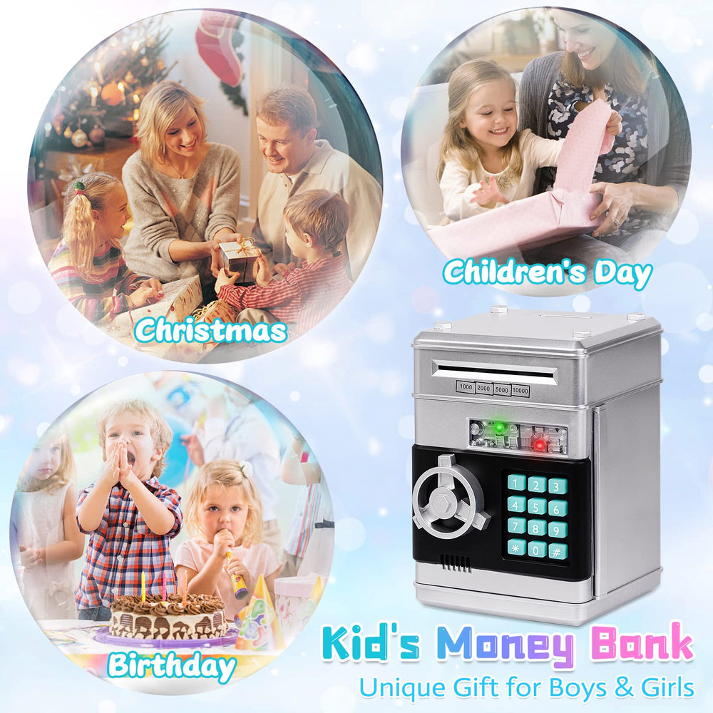 Refasy piggy bank birthday gift packaging suggests a cheerful educational present.