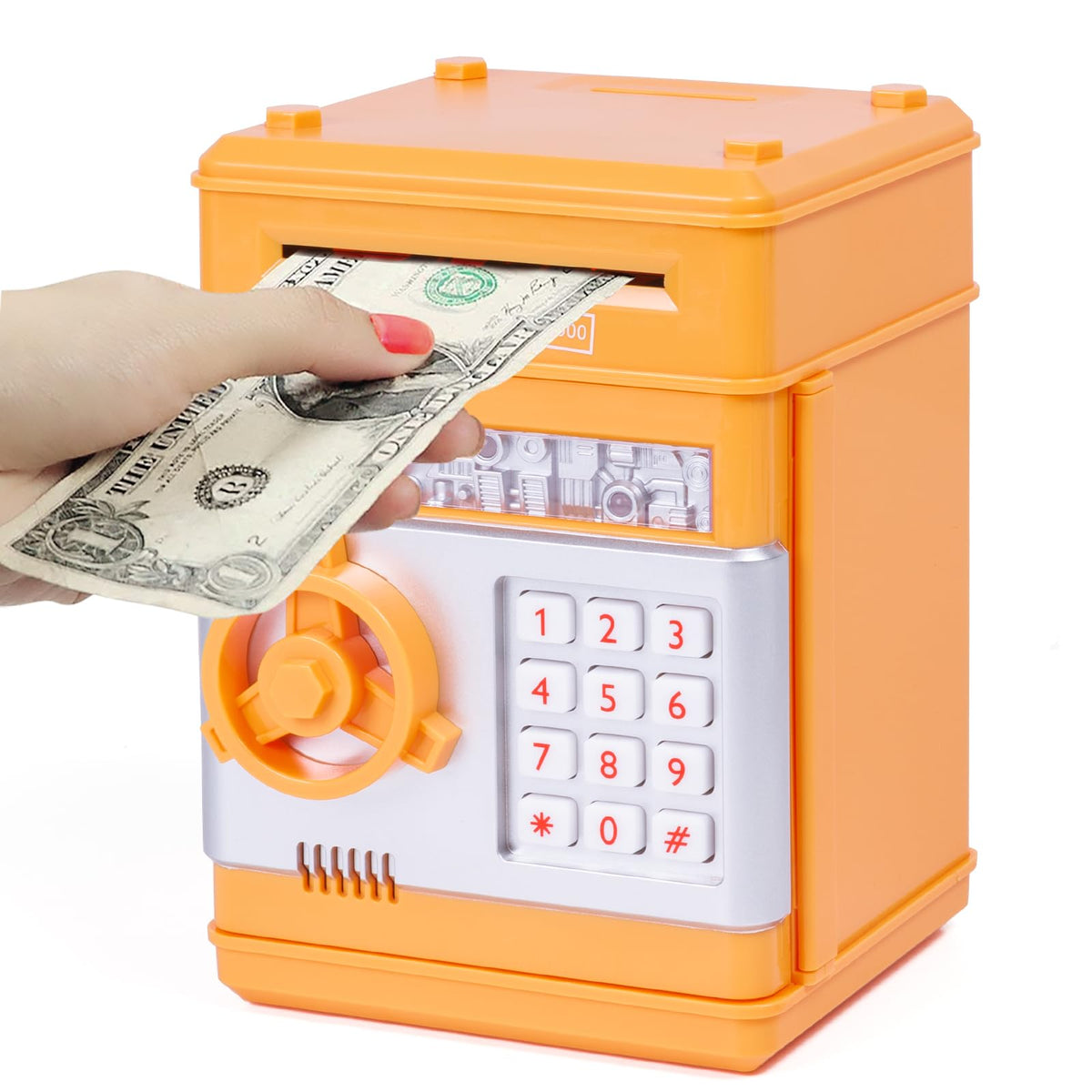 Refasy Piggy Bank Orange front view shows a durable ABS shell for safe saving.