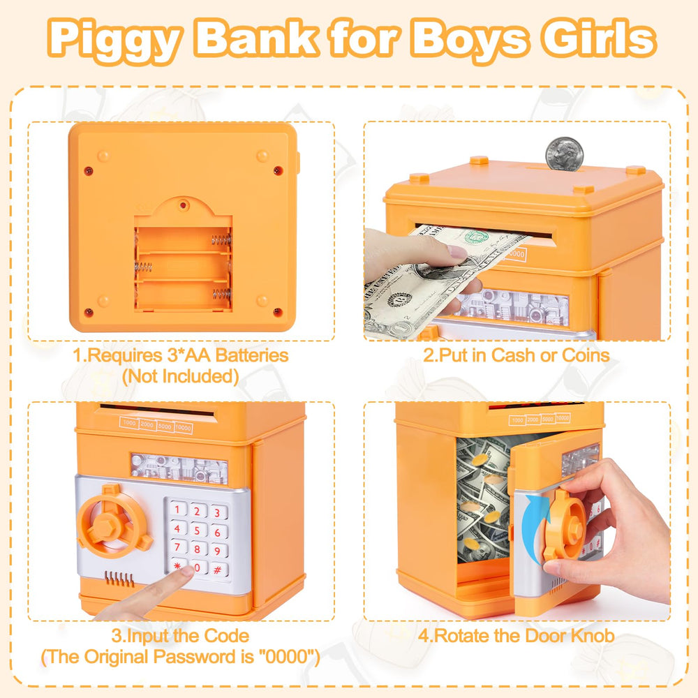 Refasy Piggy Bank Orange money scroll illustrates automatic paper money intake for easy saving.
