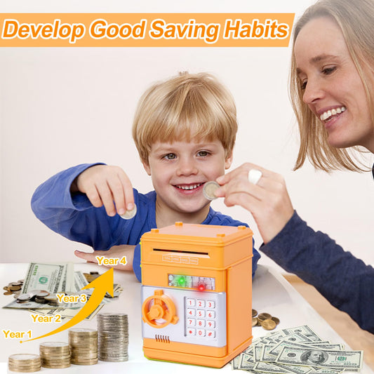Refasy Piggy Bank Orange with a four-digit password pad for secure kid-friendly access.