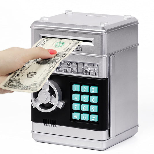 Refasy piggy bank outer view with silver finish and durable ABS construction.