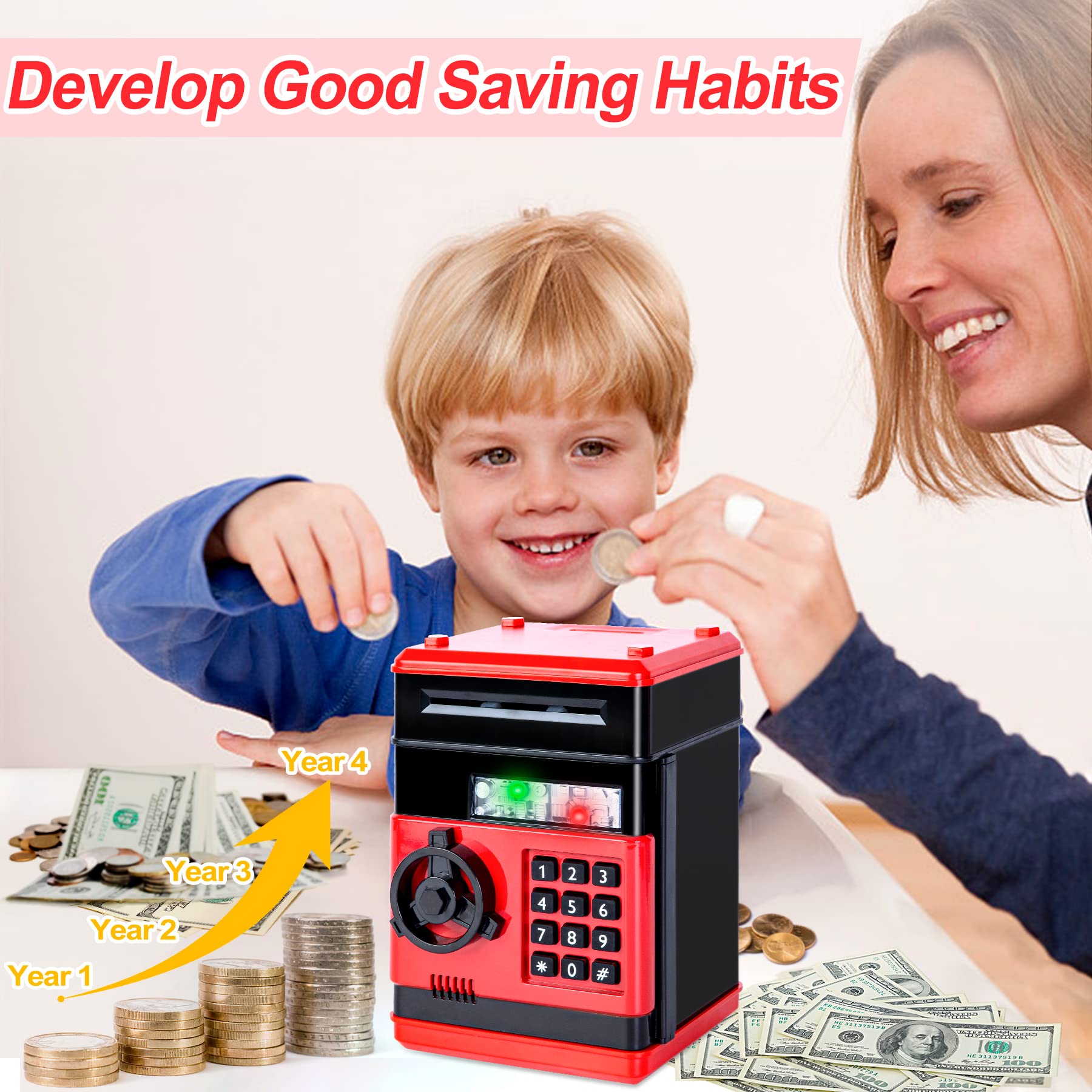 Refasy piggy bank password panel shows four-digit lock for safe access.
