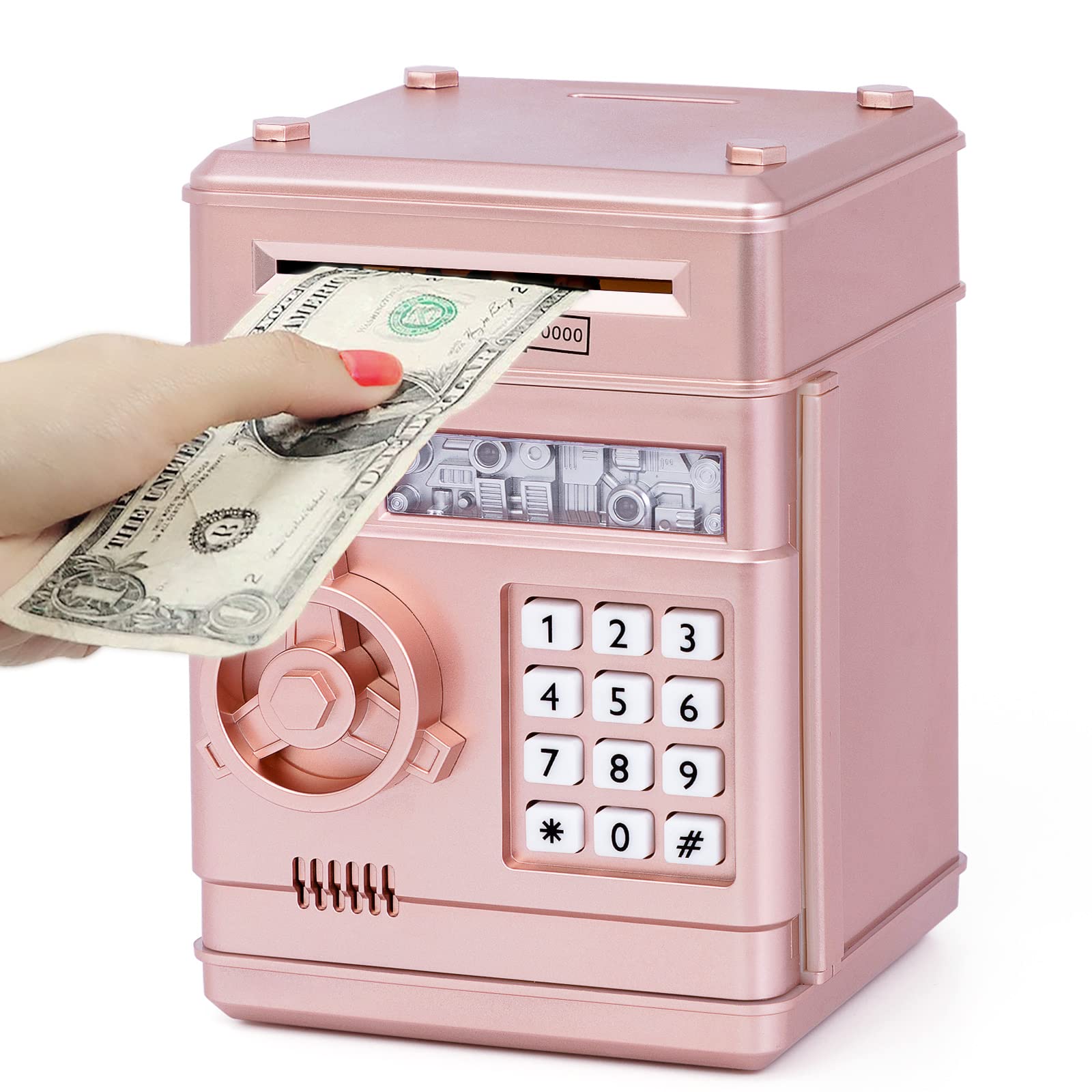 Refasy piggy bank toy in rose gold, front view showing design and finish for kids.