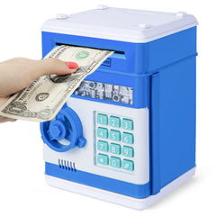 Refasy safe piggy bank blue front view shows durable plastic