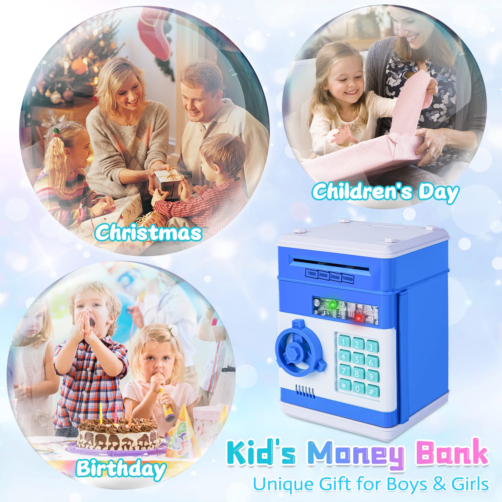 Refasy safe piggy bank blue open door reveals secured storage for savings