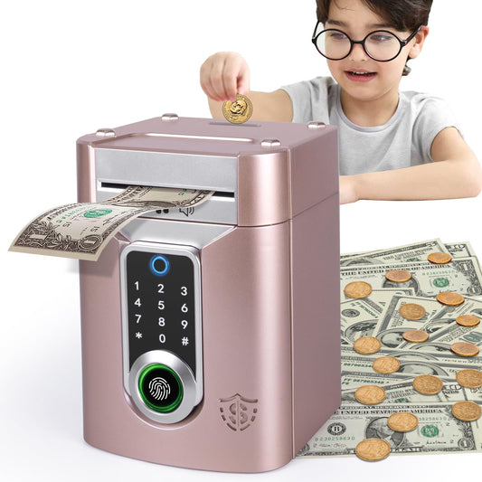 Refasy rose gold touchscreen piggy bank front view with secure password and fingerprint access
