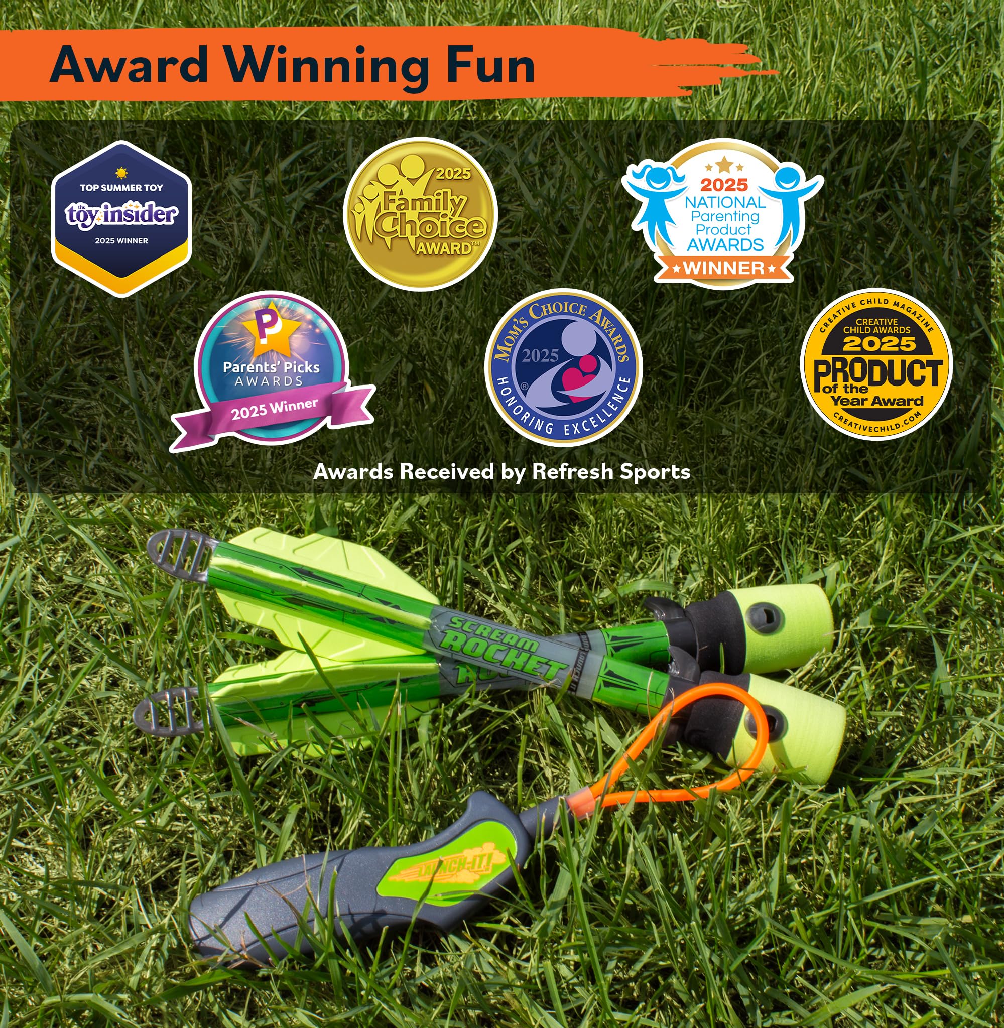 Gift-ready Refresh Sports light-up foam rocket launcher packaging for kids.
