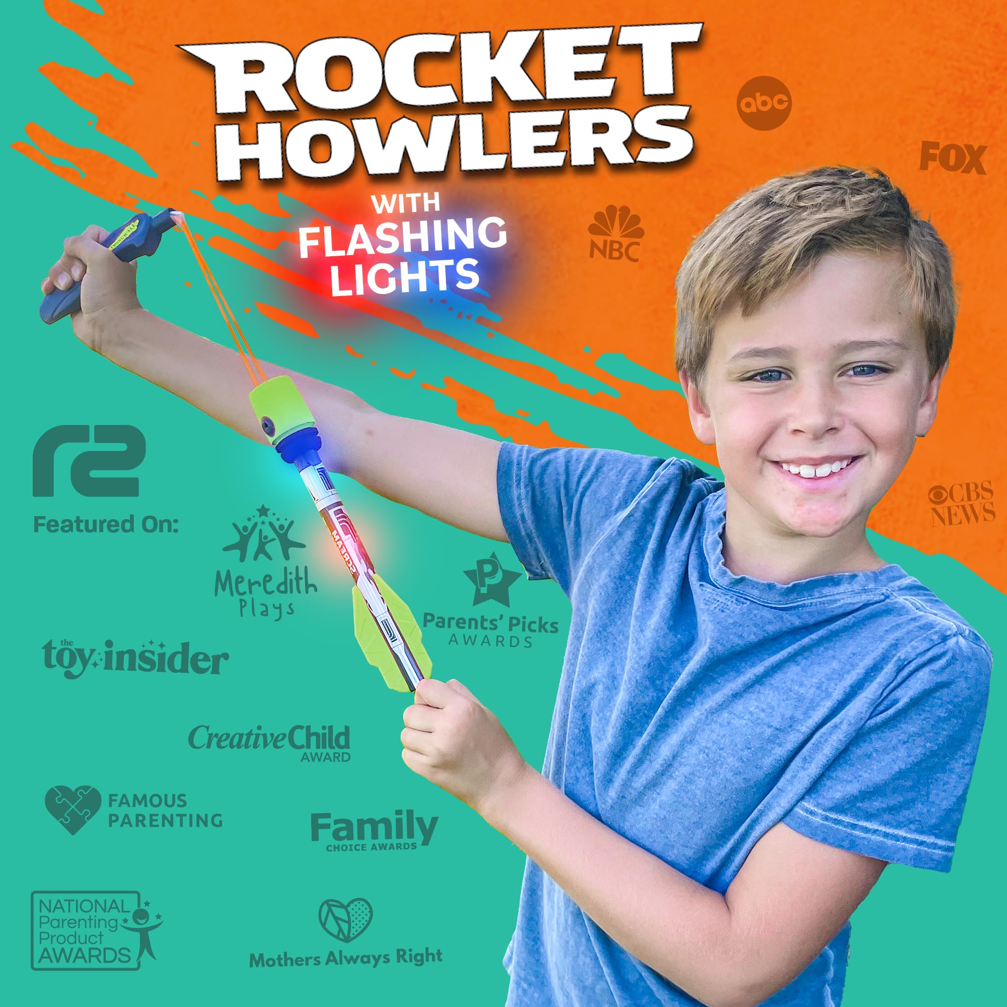 Kid playing with Refresh Sports light-up foam rocket launcher for active outdoor fun.