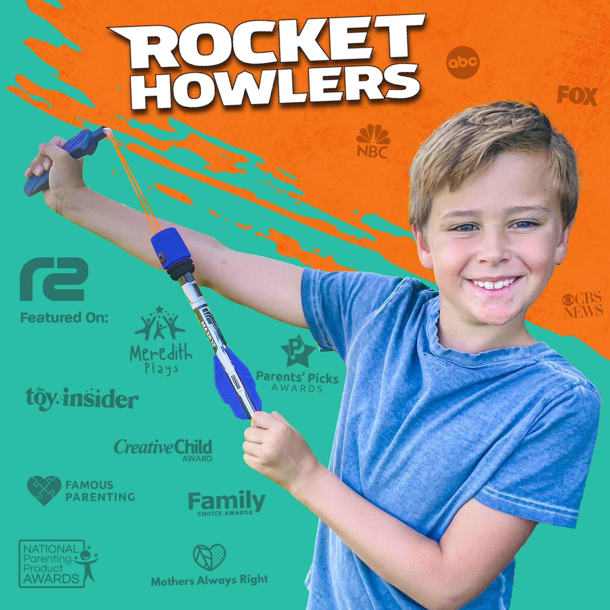 Child uses Refresh Sports rocket launcher to launch foam rocket outside