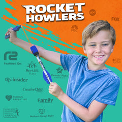 Child uses Refresh Sports rocket launcher to launch foam rocket outside