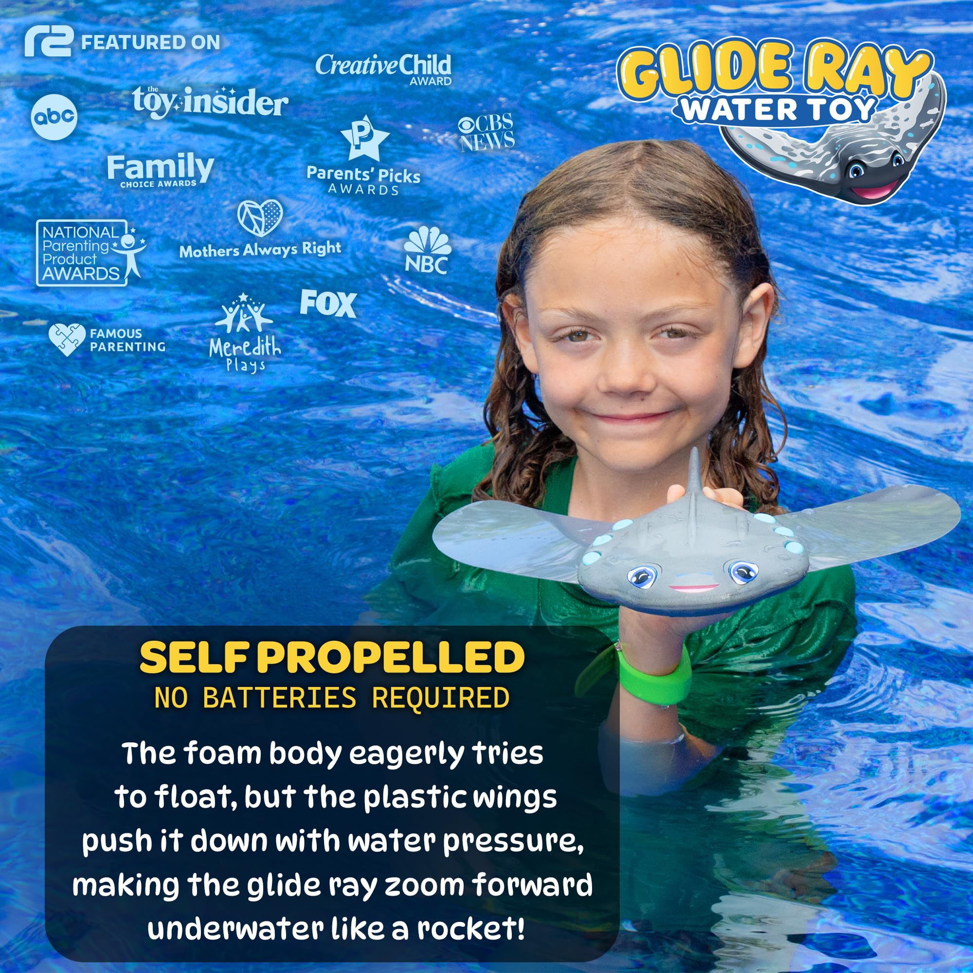 Refresh Sports Stingray demonstrates underwater glide with self-propelled movement for aquatic play.
