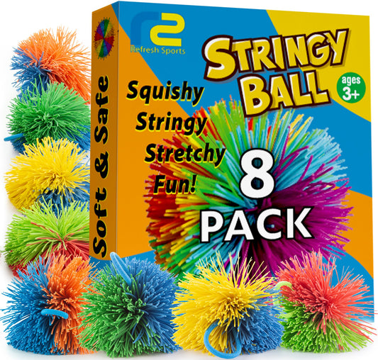 Refresh Sports Stringy Balls 8 Pack close-up texture for sensory play and grip.