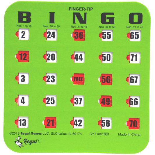 Regal Games Bingo sliding windows card close-up for easy marking and reuse.