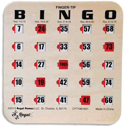 Regal Games bingo bulk cards with woodgrain cover for travel-friendly family nights.