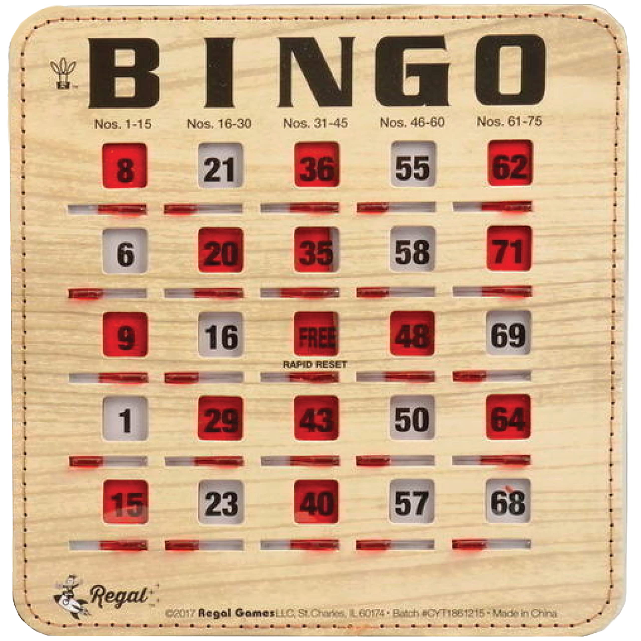 Regal Games bulk bingo cards with woodgrain finish for adults