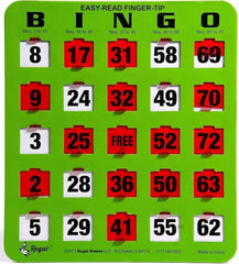 Regal Games bingo cards with sliding windows for easy marking during group play.