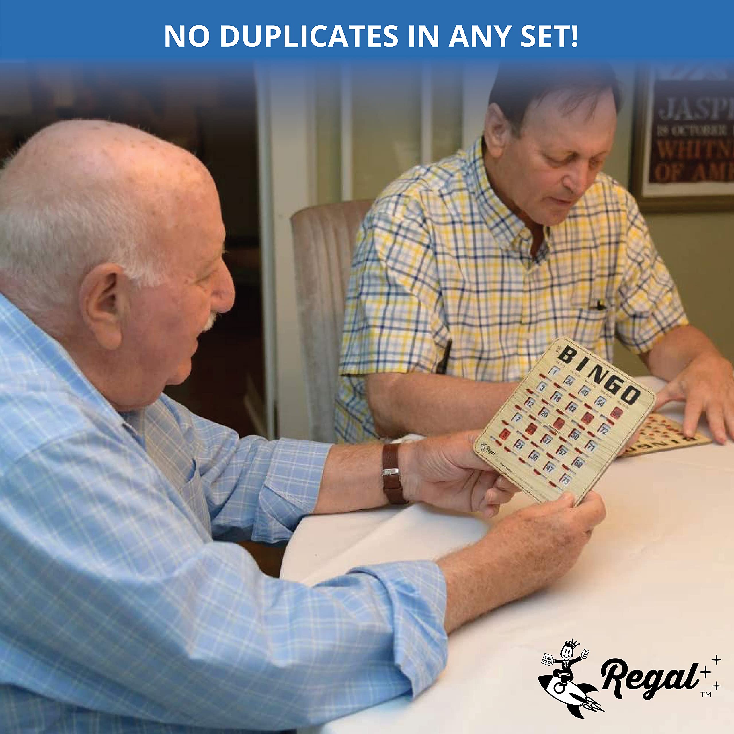 Regal Games bingo cards show front and back design for readability