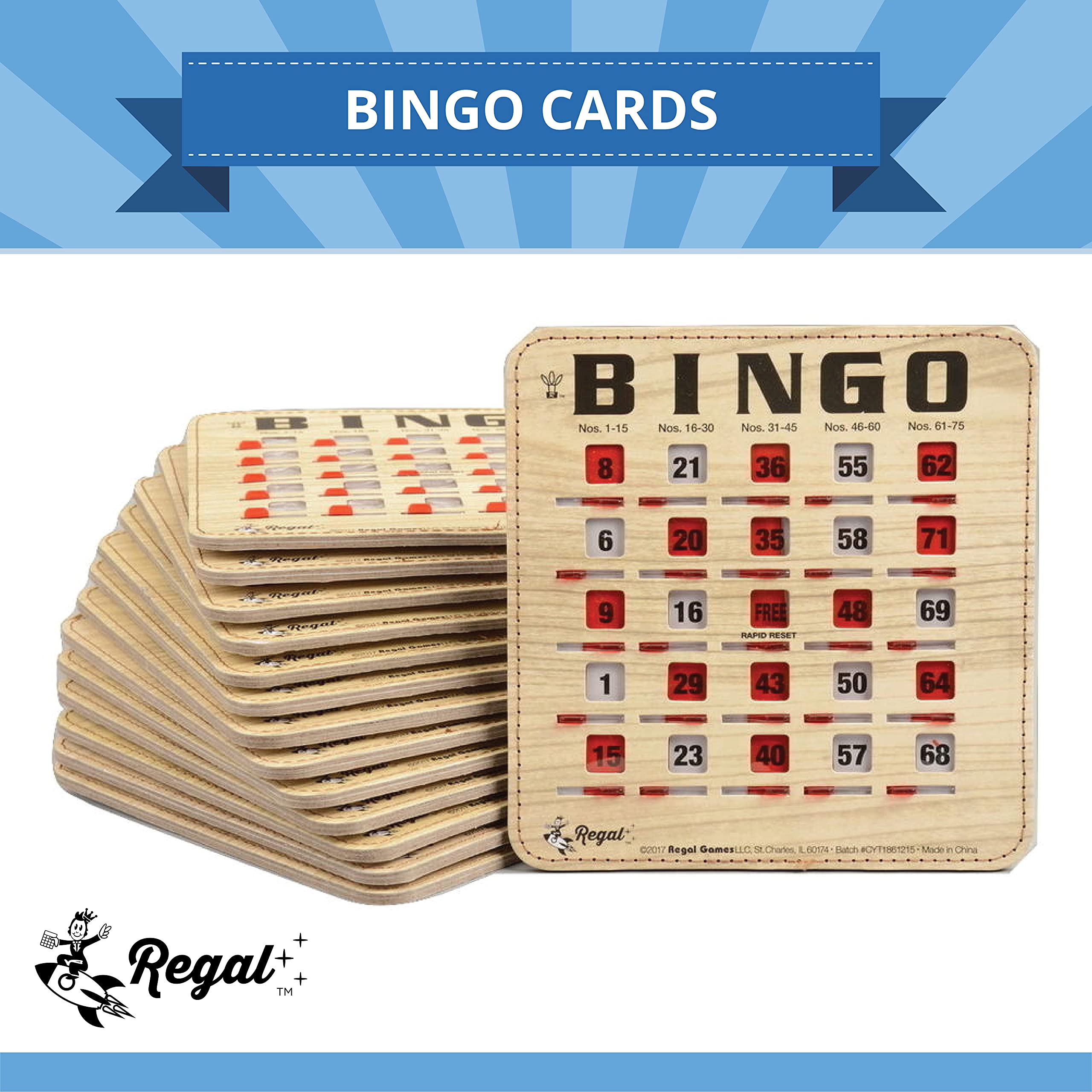 Regal Games bingo cards sliding windows close-up—easy number reveal for quick play