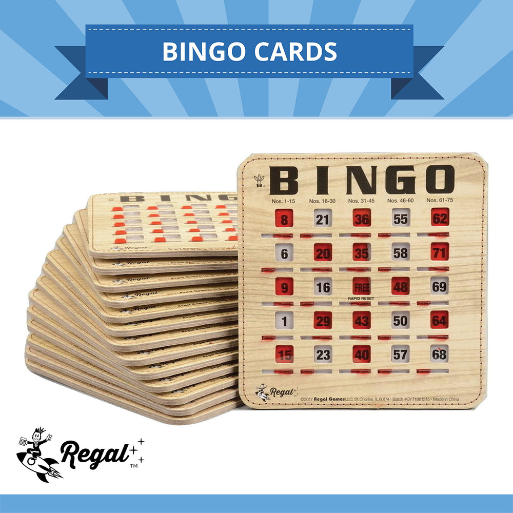 Regal Games bingo cards sliding windows close-up—easy number reveal for quick play