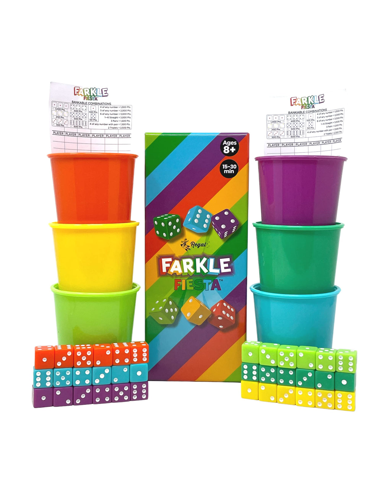 Regal Games Farkle Fiesta colored dice sets for vibrant, family-friendly gameplay.
