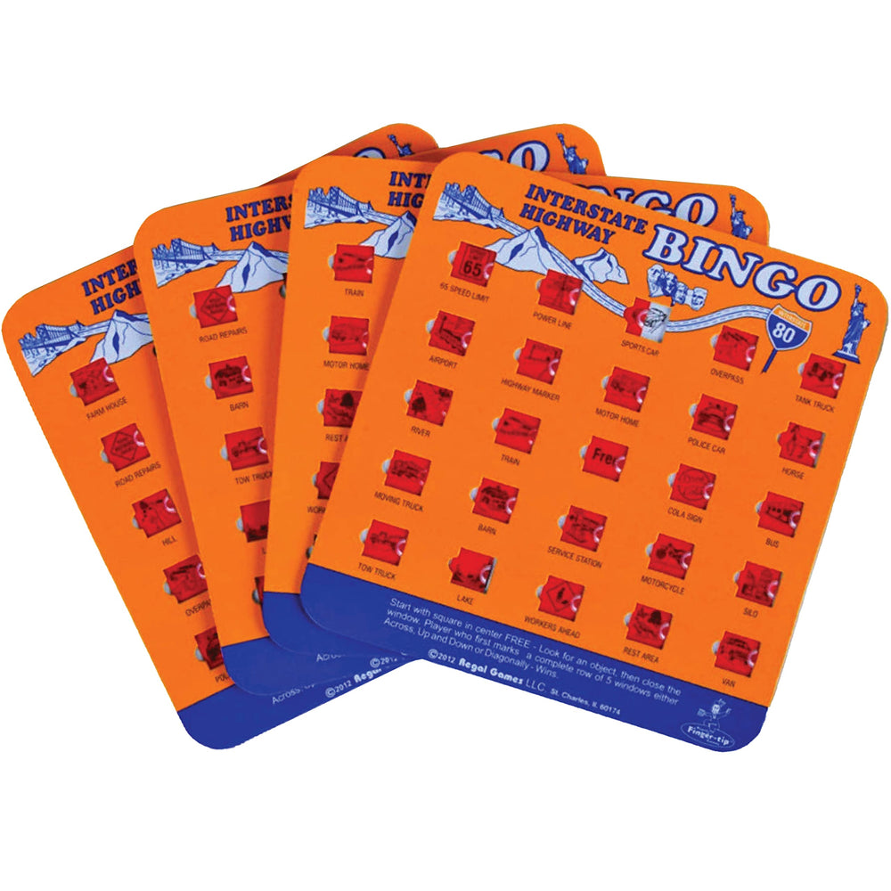 Regal Games finger-tip shutter bingo cards with sliding windows for easy, on-the-go play