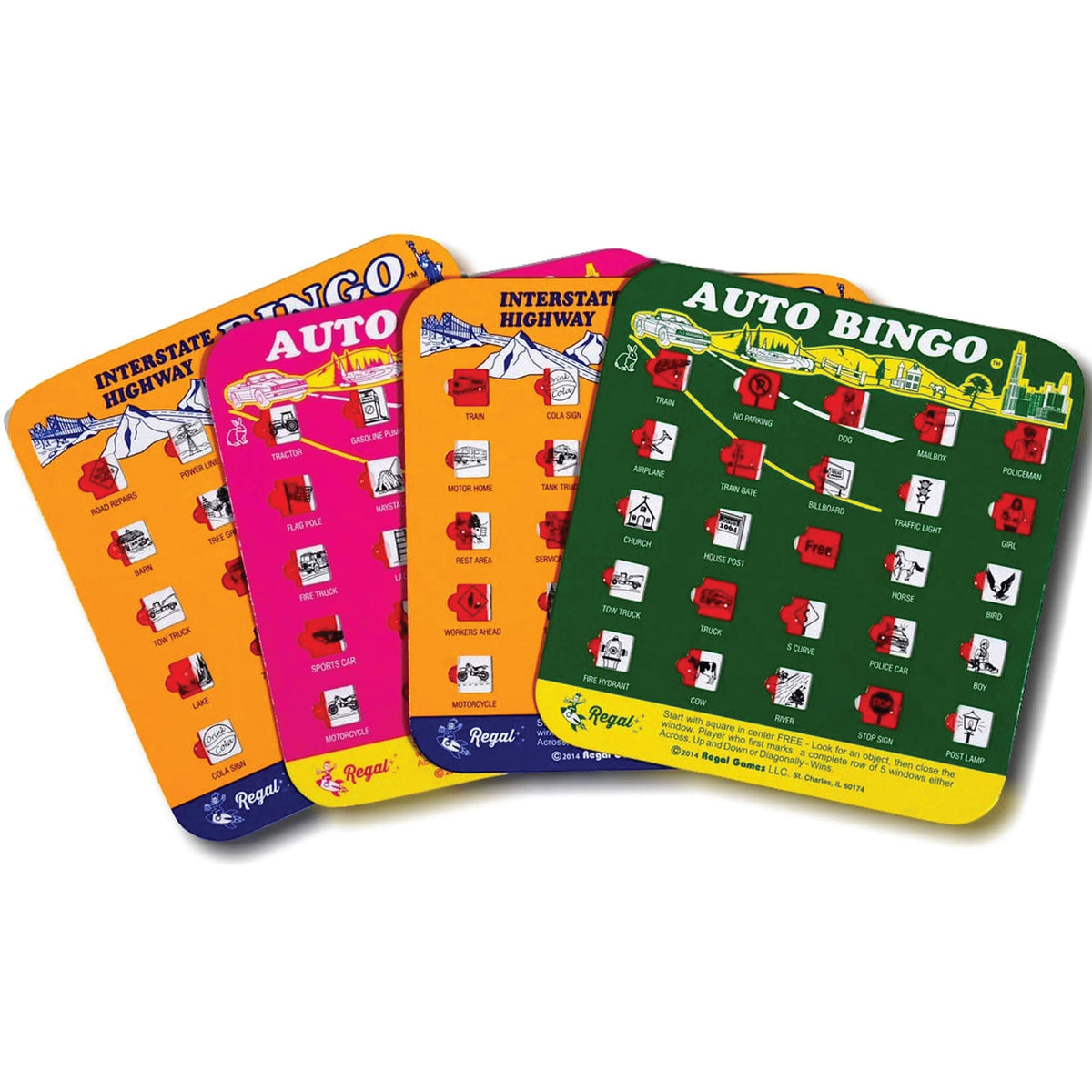 Regal Games finger-tip shutter bingo cards with interstate designs—smooth sliding windows for road trips.