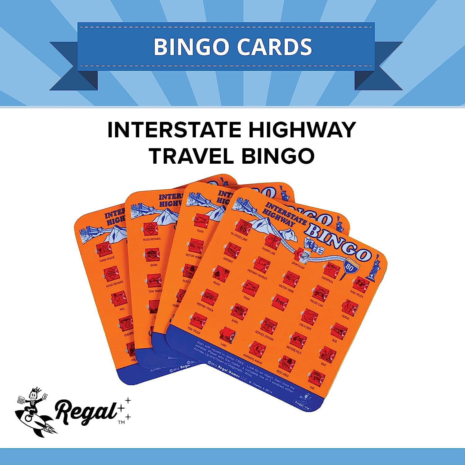 Regal Games interstate highway bingo cards with bright images for road trips