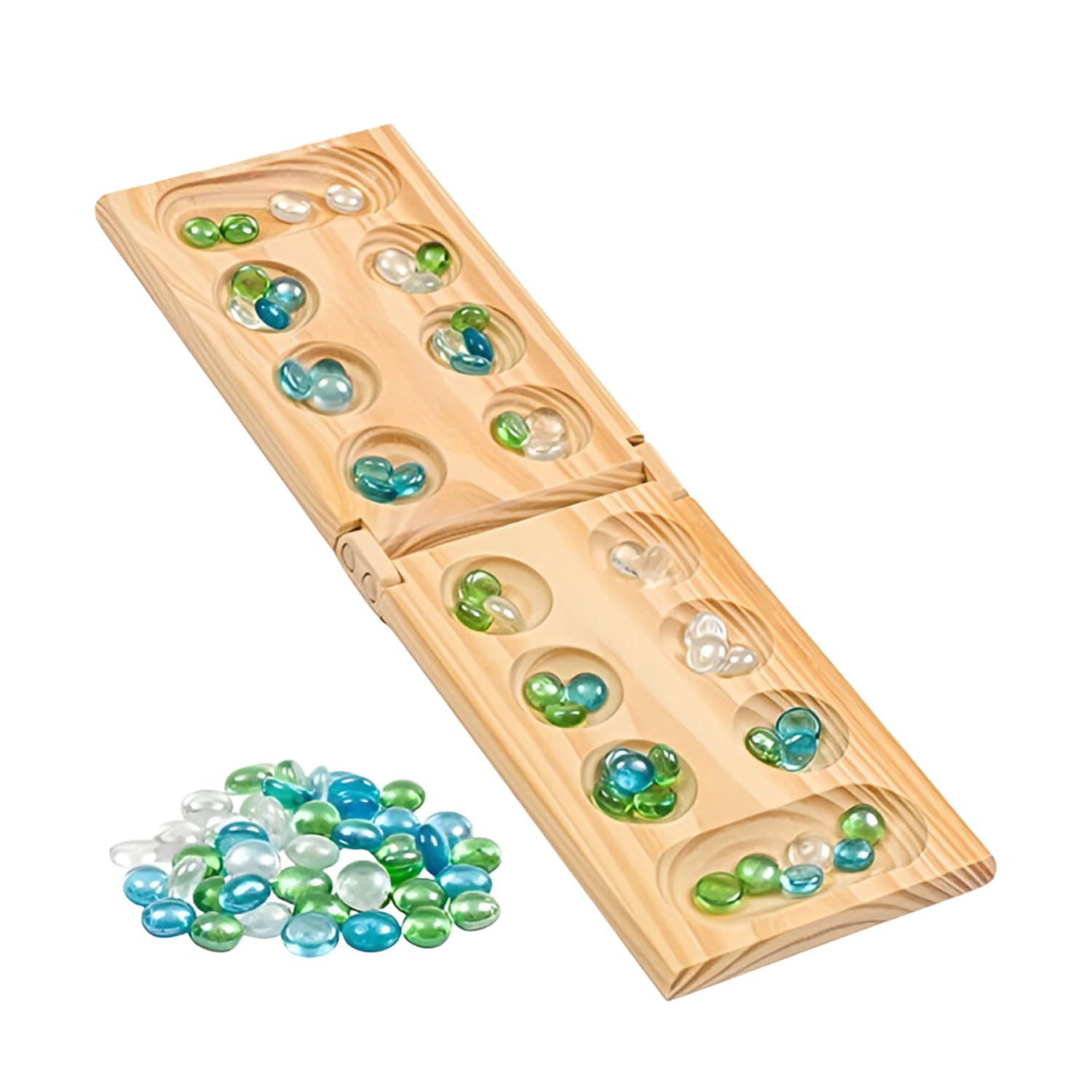 Regal Games Mancala board foldable wooden design for travel and storage.