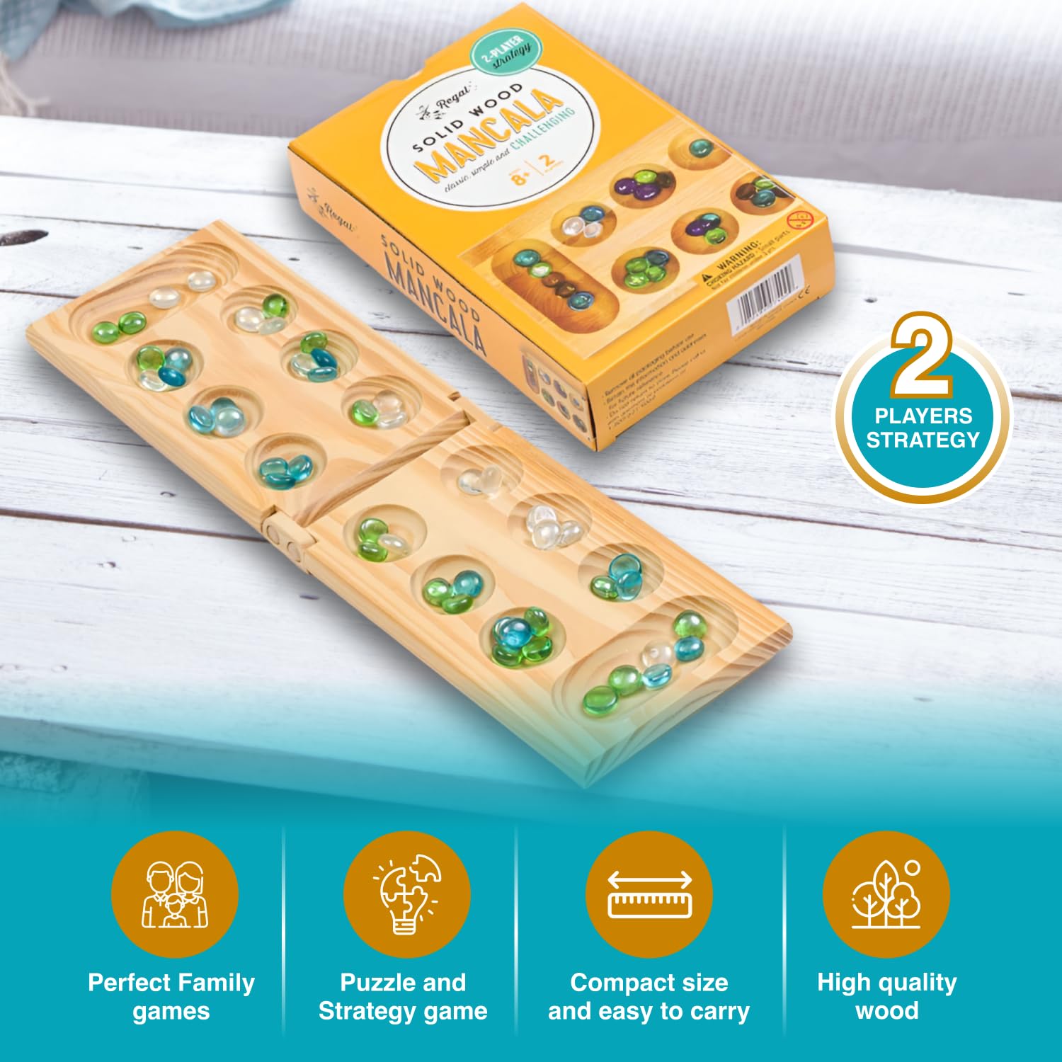 Regal Games Mancala two-player setup supports family gaming and quick learning.
