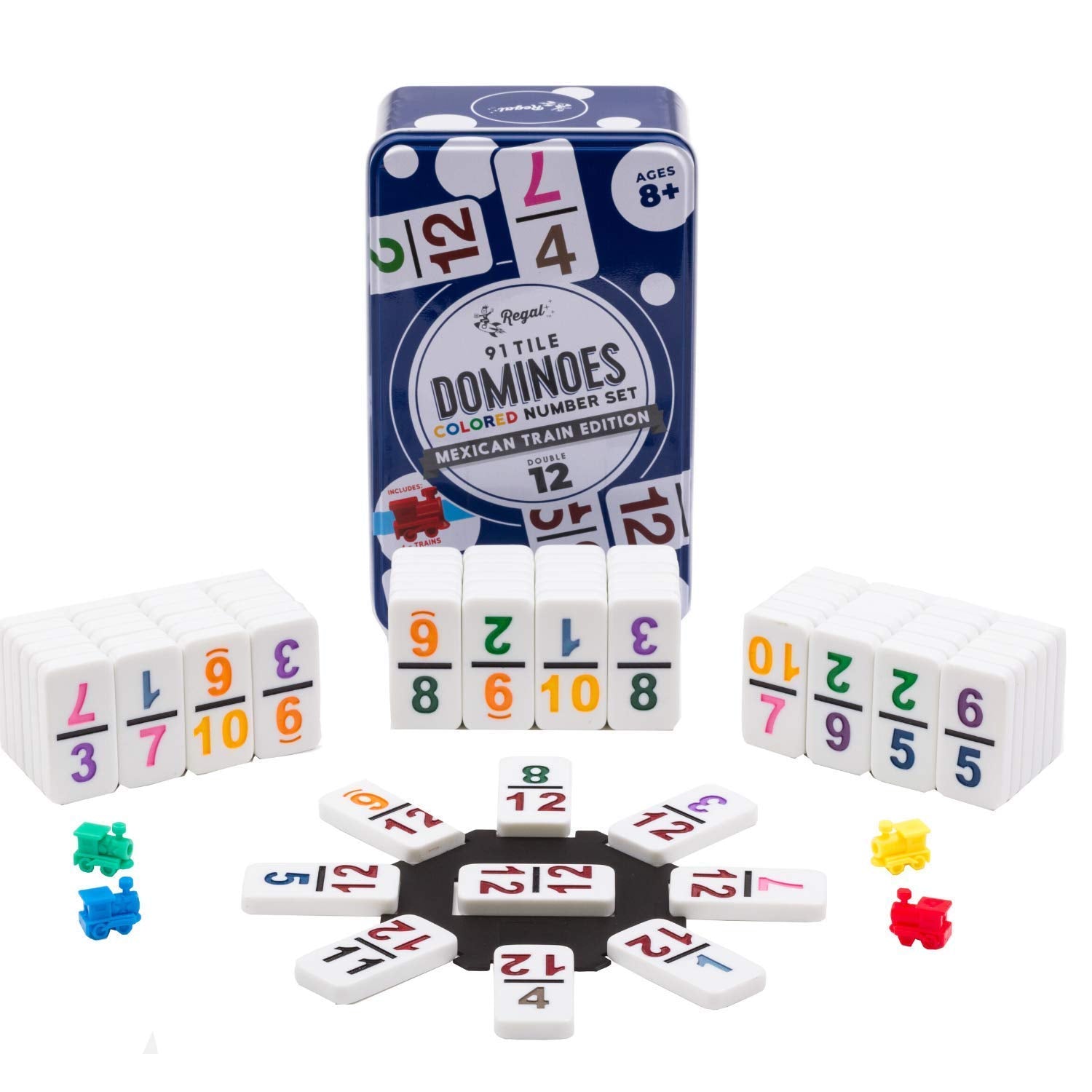 Regal Games Mexican Train dominoes tiles in vivid colors for easy visibility during play.