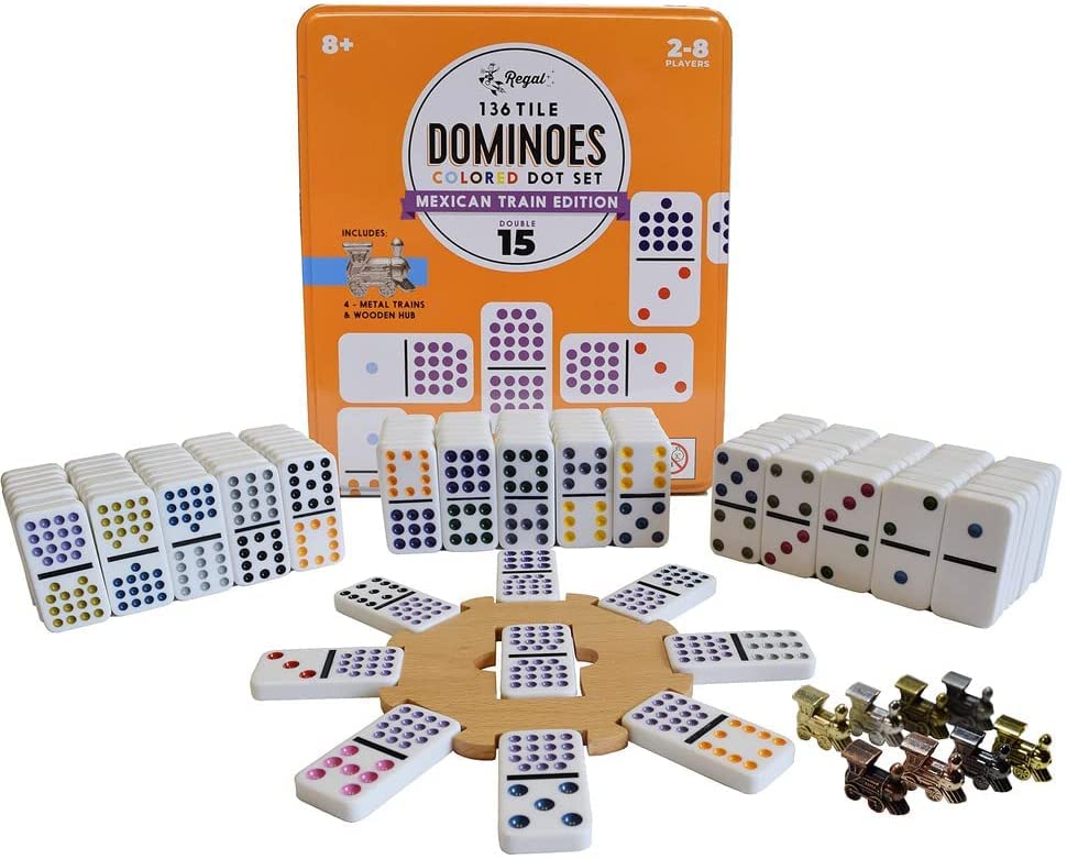 Regal Games Mexican Train dominoes 136 tiles with colorful dots for easy visibility.