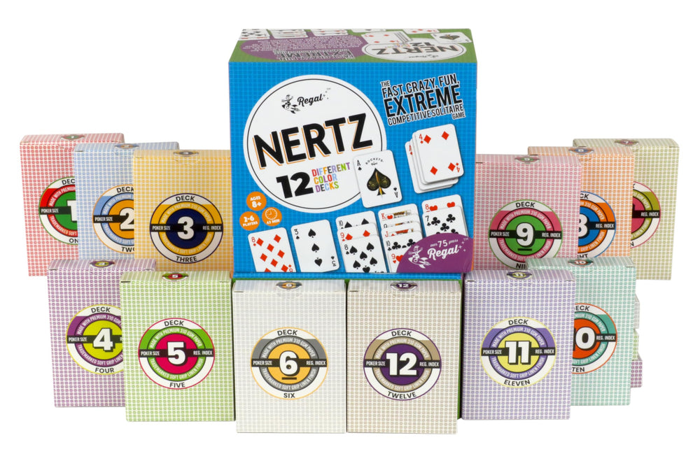 Regal Games Nertz Solitaire decks in vibrant colors for quick setup.