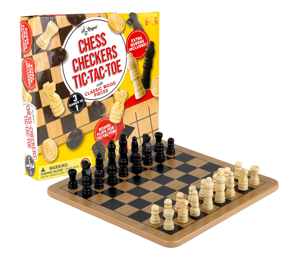 Regal Games 24 wooden checkers ready for quick captures and strategic play.