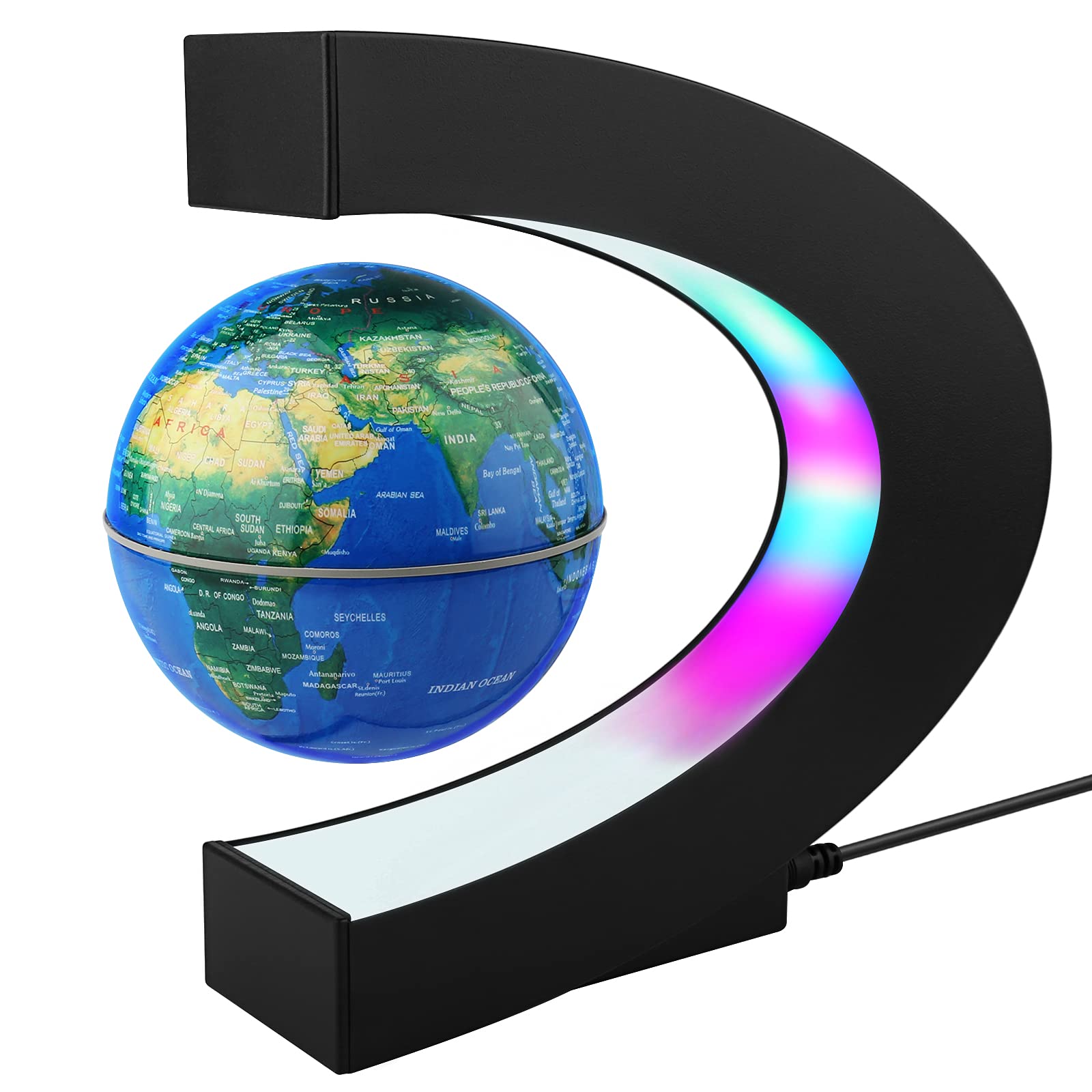 REHAVE levitating globe front view glowing on a modern desk