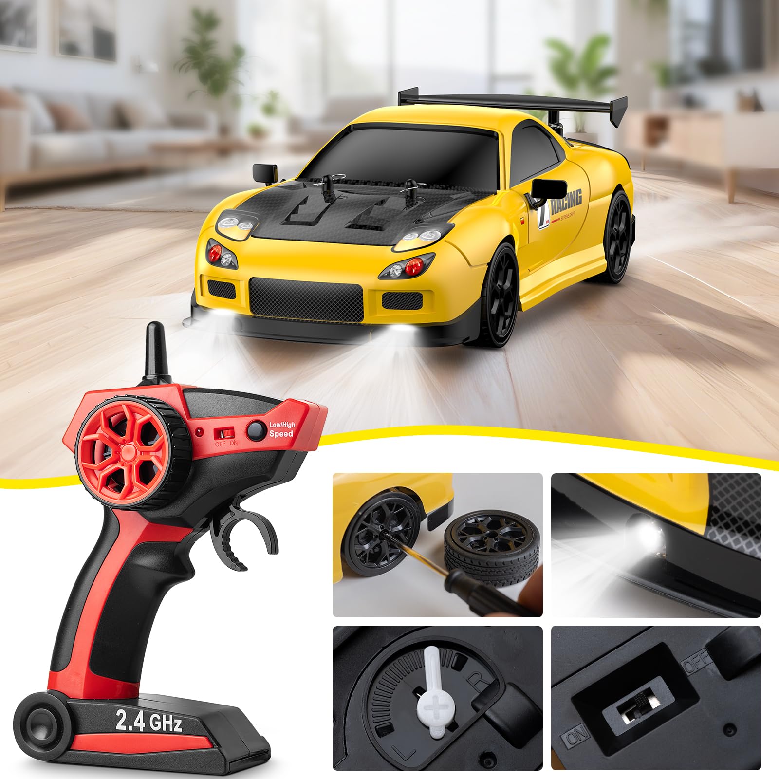 ReinbowRiff RC Drift Car tire setup with drift and racing options for versatility