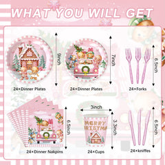 Rejoice Bunny Pink Merry Xmas plates stacked for quick setup