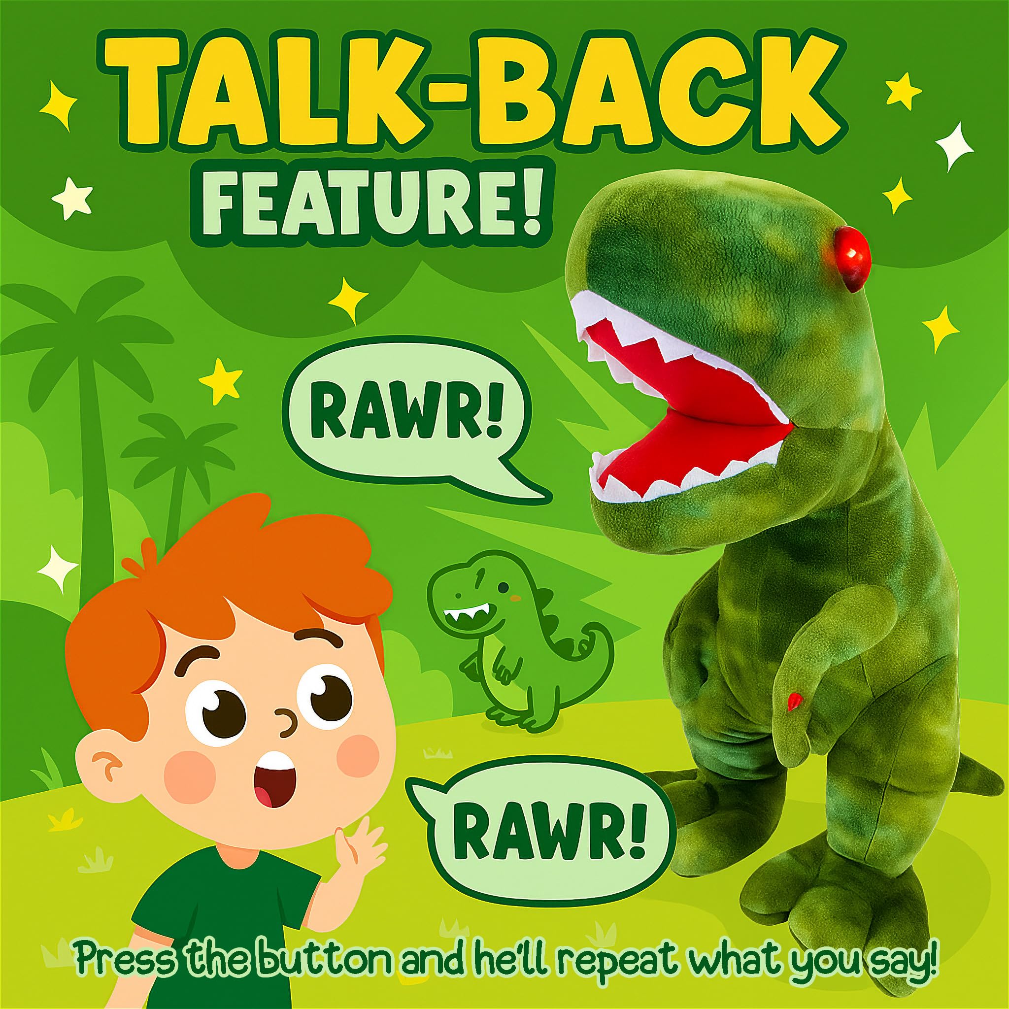 Relsy interactive dino sound feature showcases playful voice mimic for imaginative play.