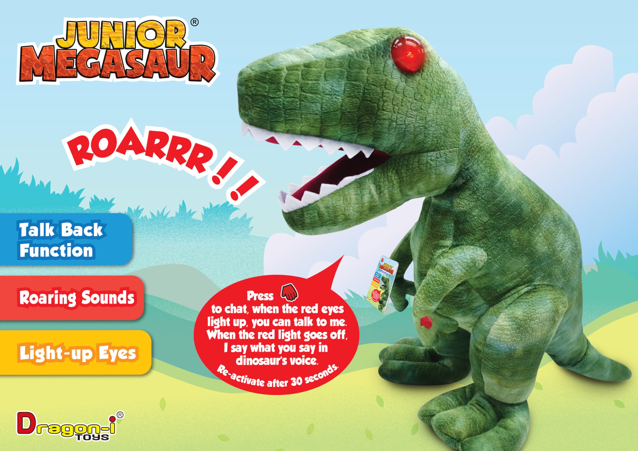Relsy T-Rex talking voice mimic feature for kid-friendly verbal fun.