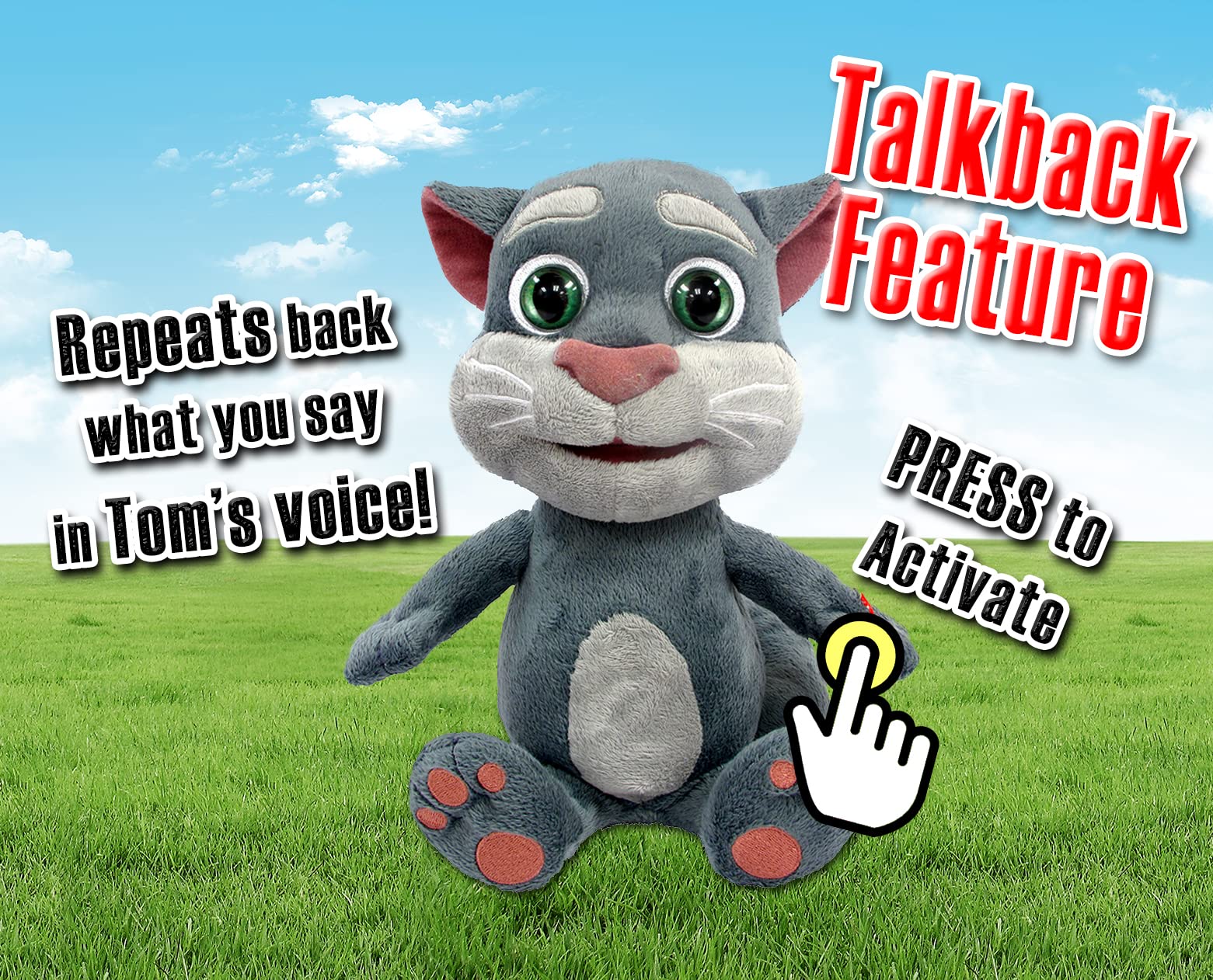 Relsy Talking Tom seated pose shows kid-friendly size for naps and stories