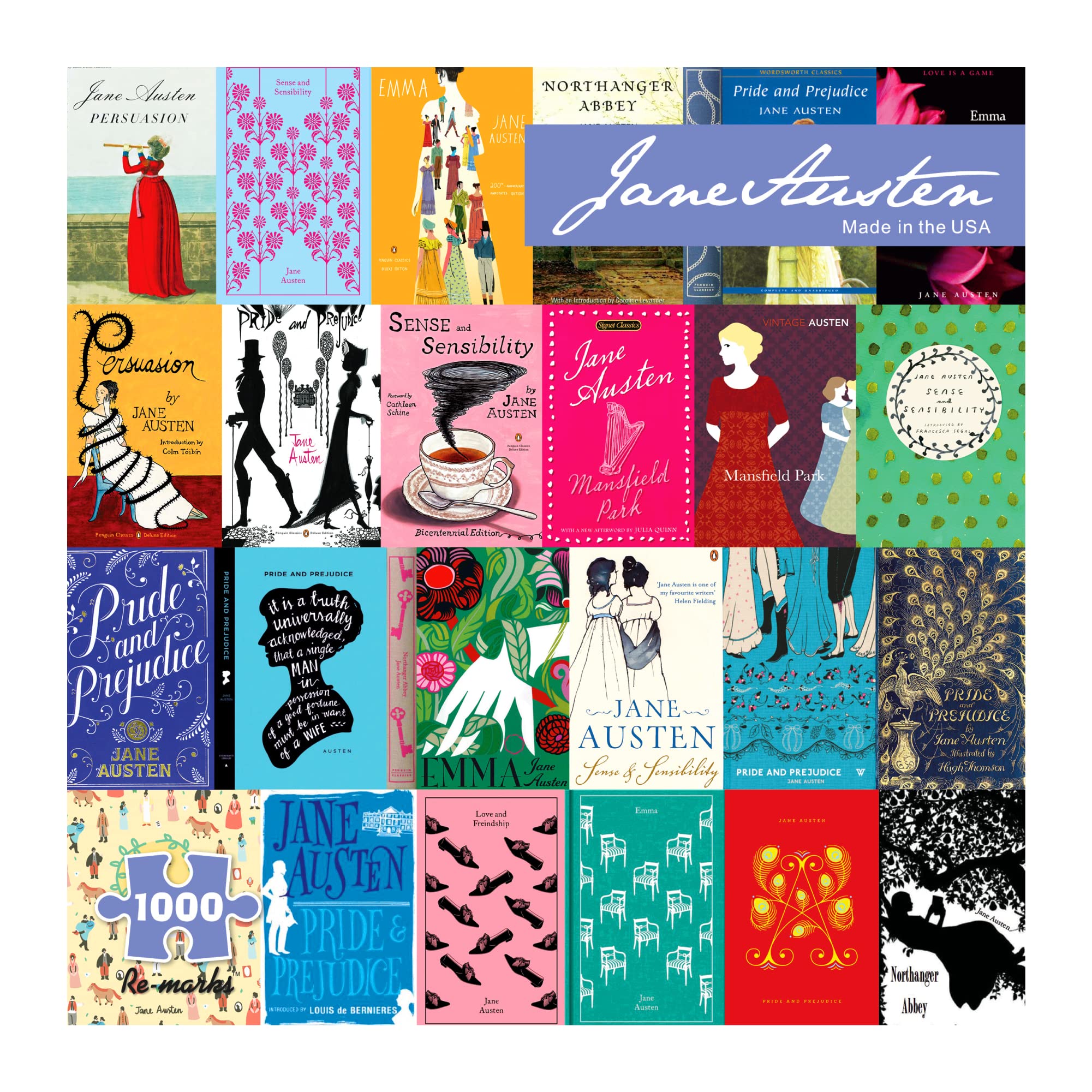 Re-Marks Jane Austen puzzle collage of book covers for relaxing, screen-free leisure