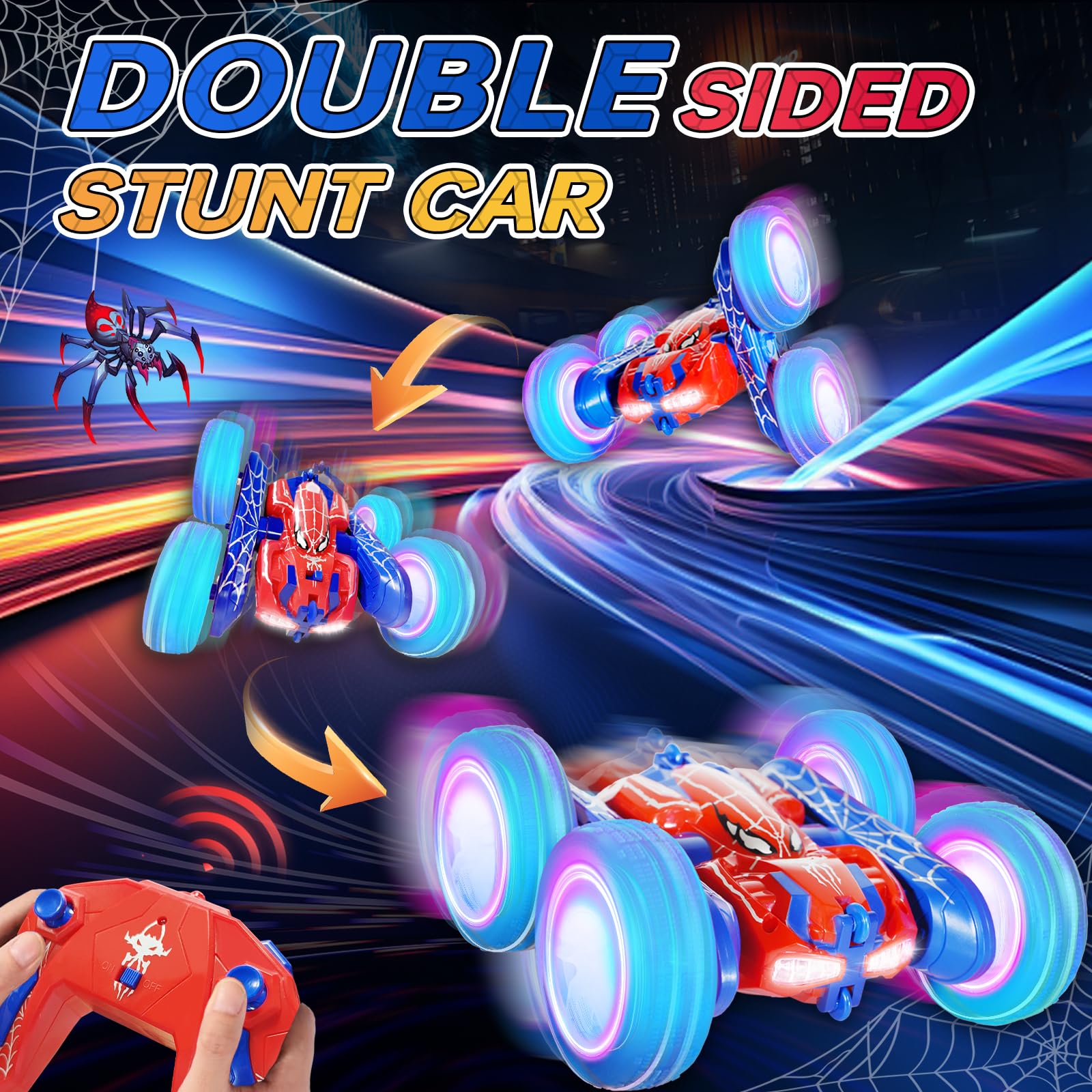 Remote Control Car shows 360-degree rotation for dynamic stunts in the dark and light.