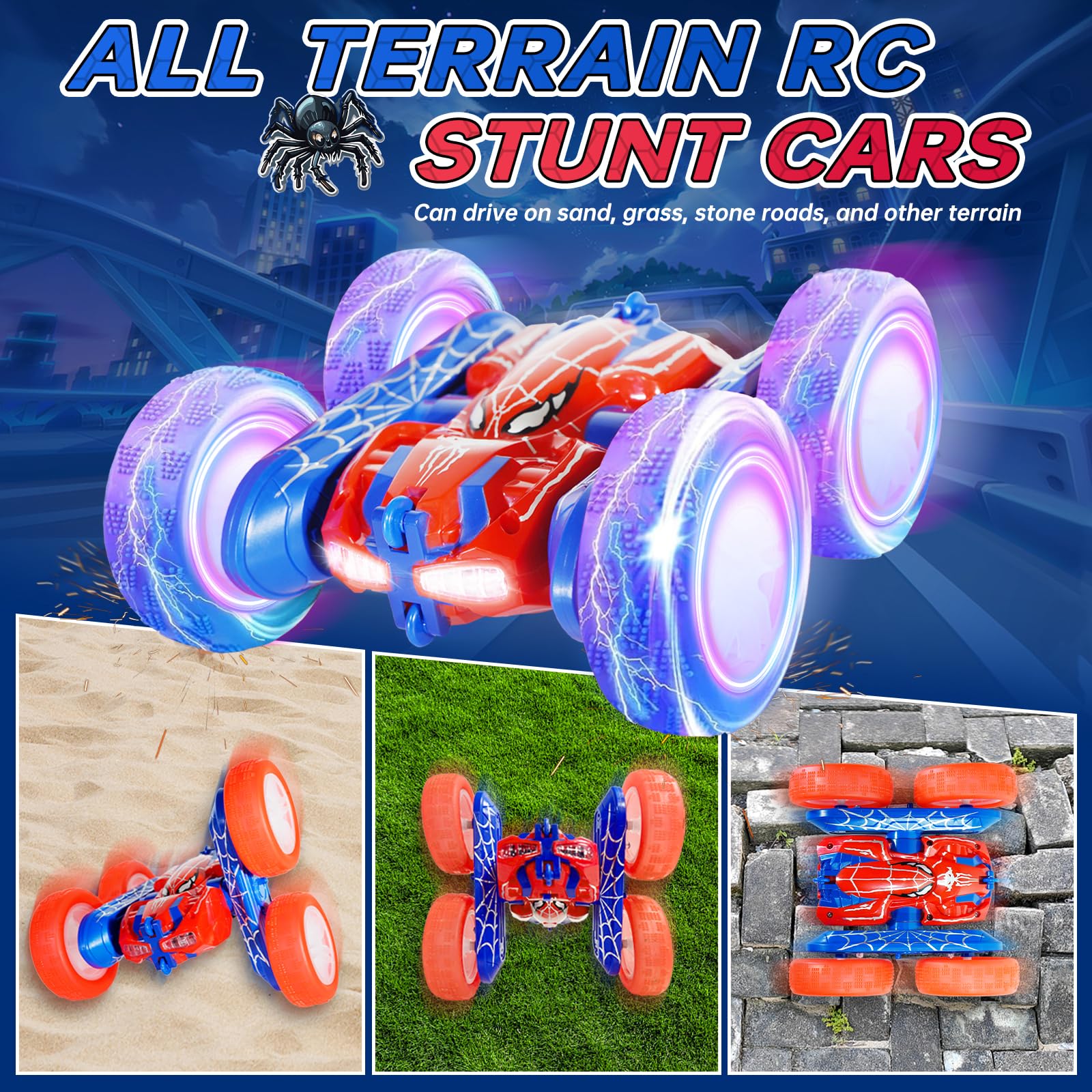 Remote Control Car on various terrains with 4WD off-road capability and sturdy tires.