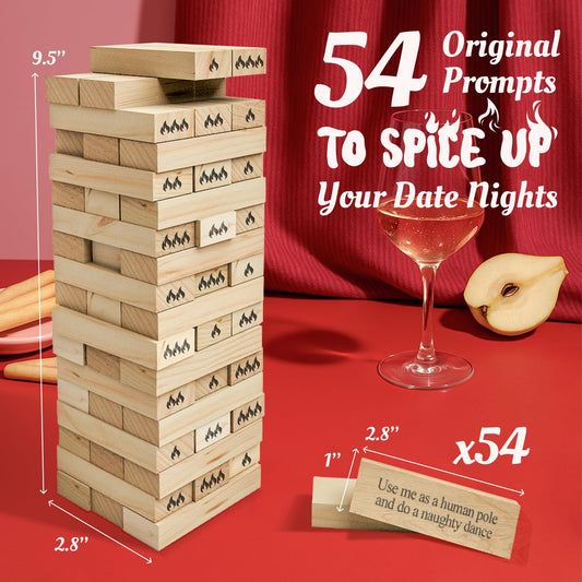 Renaco wood lust tower dares closeup showing engraved prompts for playful intimacy