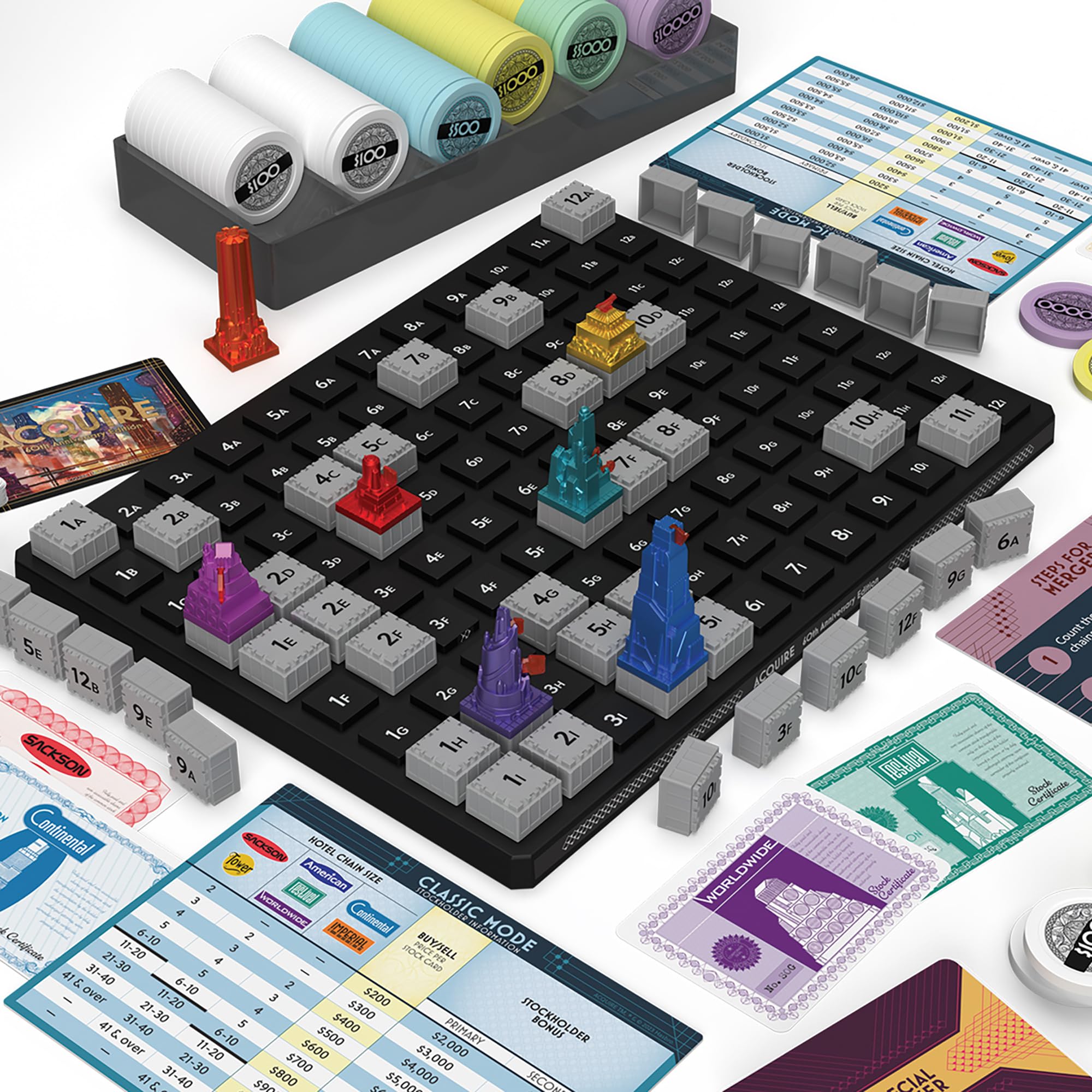 Renegade Acquire gameplay setup example demonstrates 60th anniversary deluxe components.