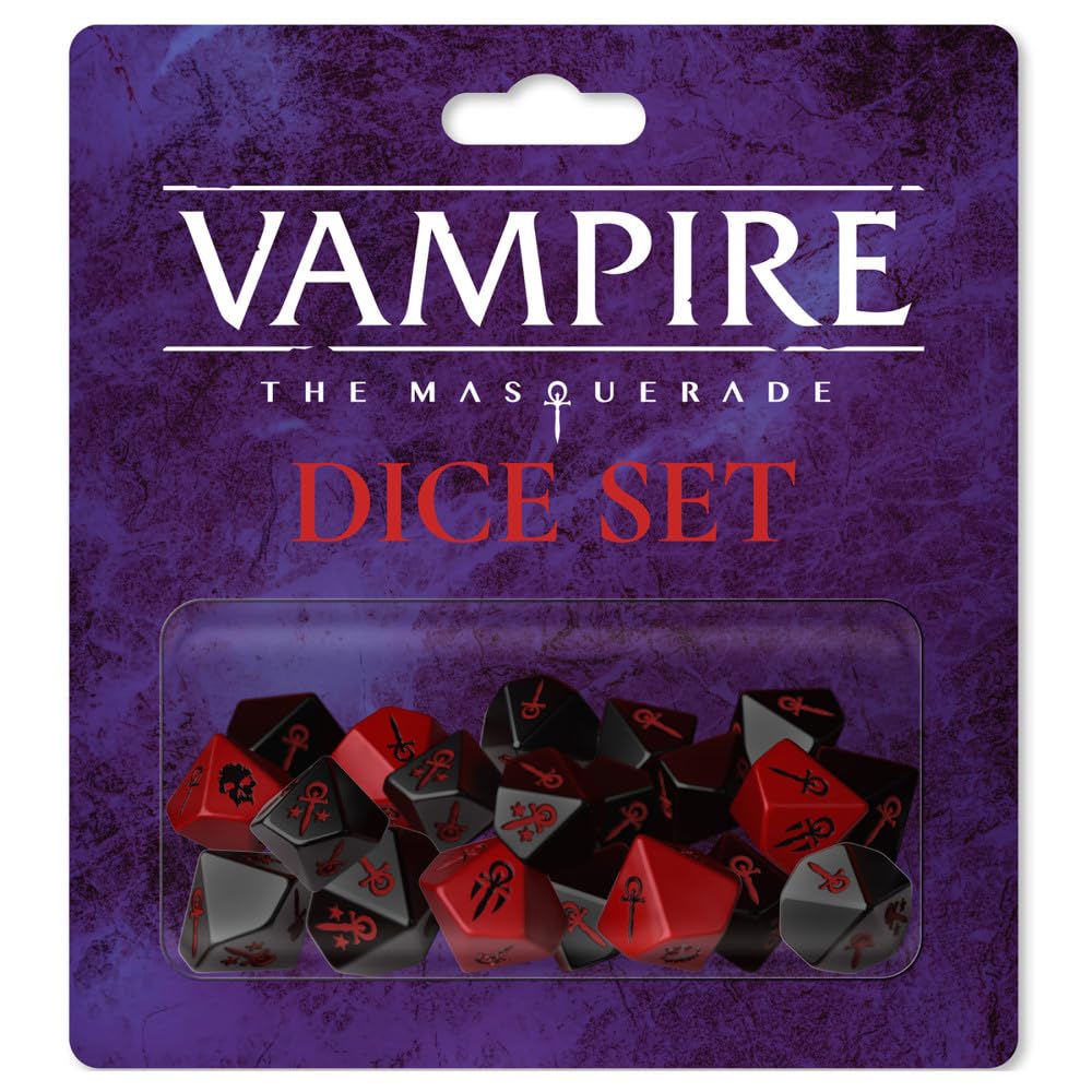 Renegade VTM dice set 5e black d10s front view for clear gameplay