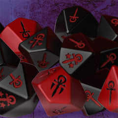 Renegade VTM dice set 5e red hunger d10 closeup emphasizes dramatic scoring