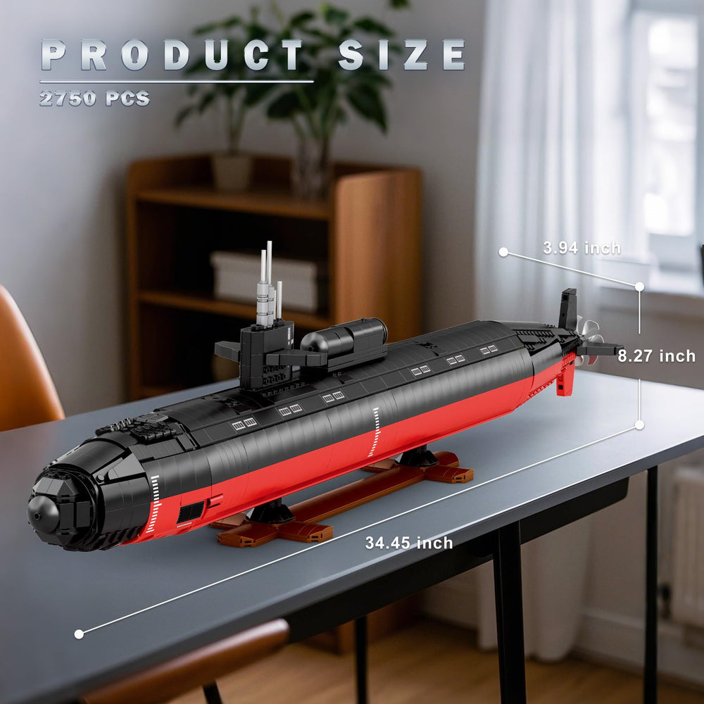 Reobrix display stand showcases the 34.45-inch submarine replica from an ideal viewing angle.